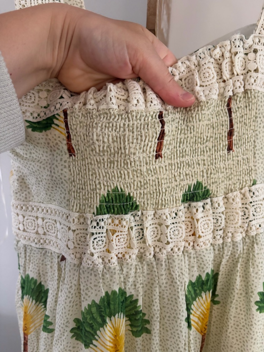 NWT Calypso St Barth Tiered Maxi Dress sz S Palm Tree Print Crochet Trim Cotton - Picture 3 of 4